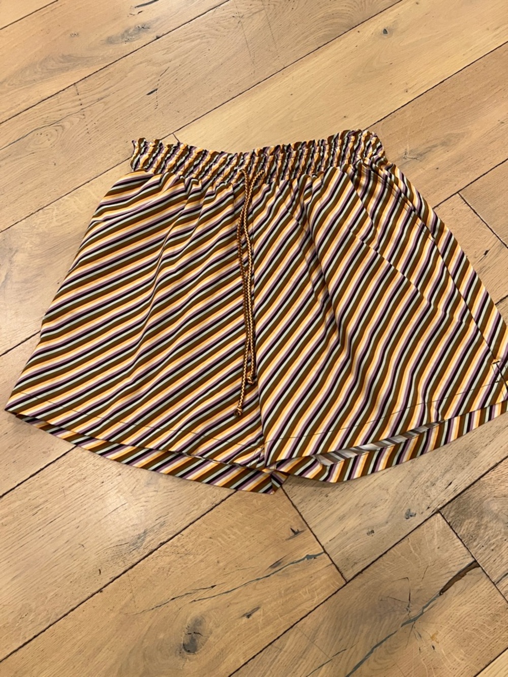 Madewell Striped Drawstring Athletic Shorts in Mustard, Brown, White and Black M